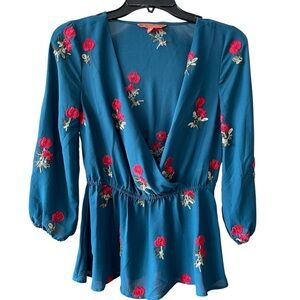 Modcloth Reservations Made Embroidered roses Peplum teal top women's size small